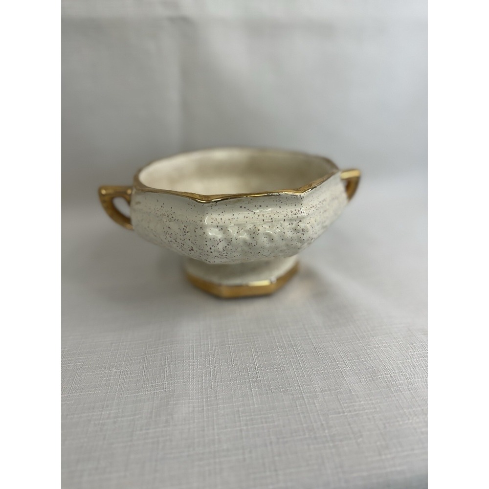 Vintage‎ Shafer 22K Gold Trim Speckled Cream Footed Bowl Mid Century Pottery